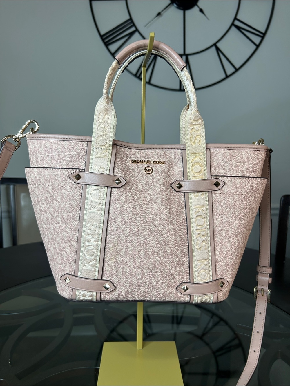 Michael Kors Maeve Small Open Tote Bag Powder Pink MK Logo Canvas Crossbody